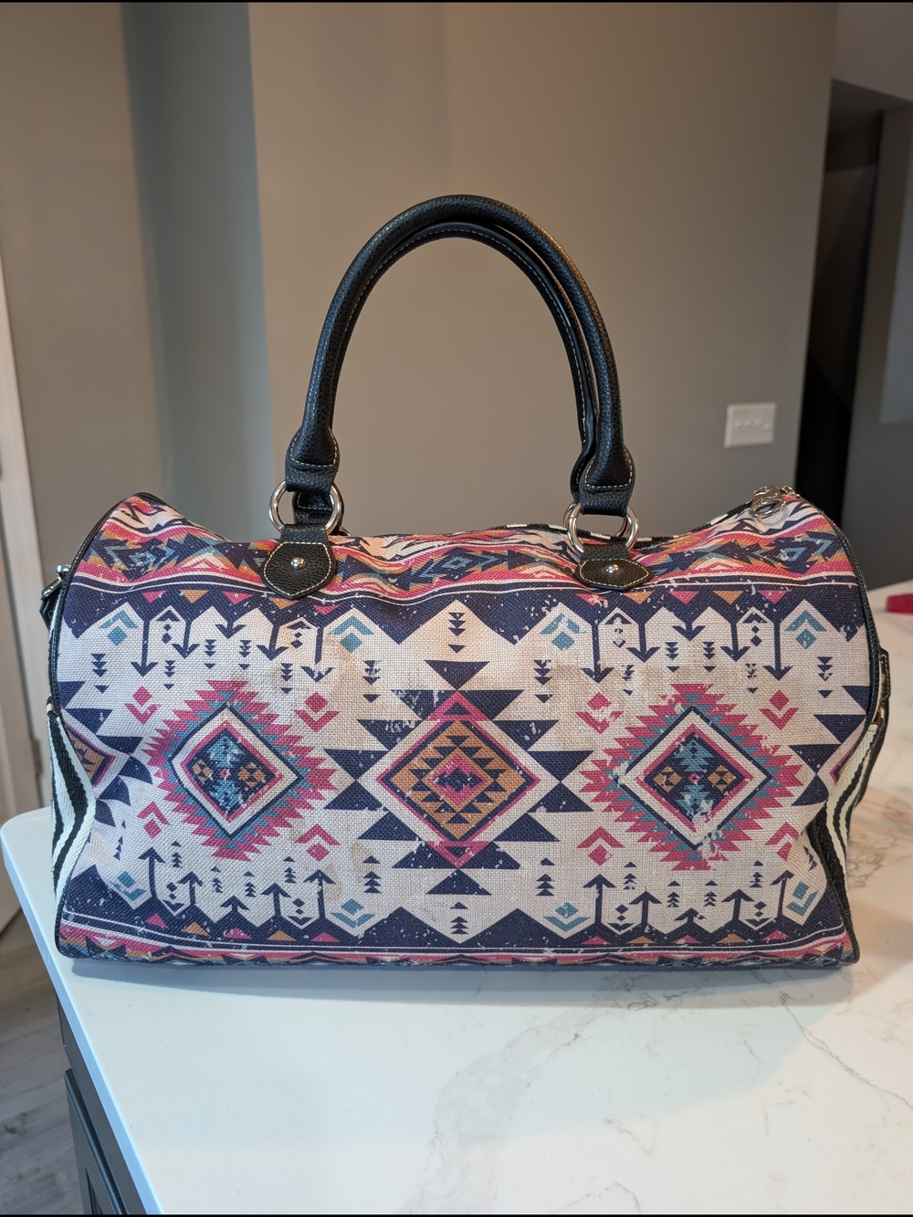 Montana West Southwestern Aztec Duffel Bag Canvas Weekender Travel Navy Pink